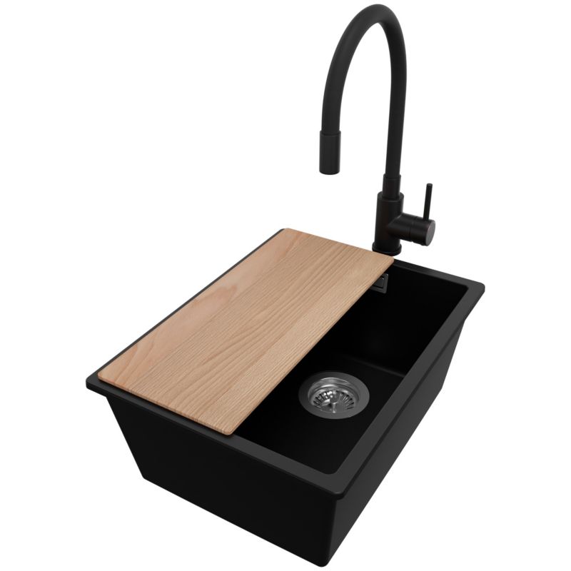 Zlewozmywak Granitowy Londyn Slim PRIMAGRAN Nablatowy 36x47cm do szafki od 40cm z Syfonem i Baterią i Dodatkiem Czarny 1 szt.