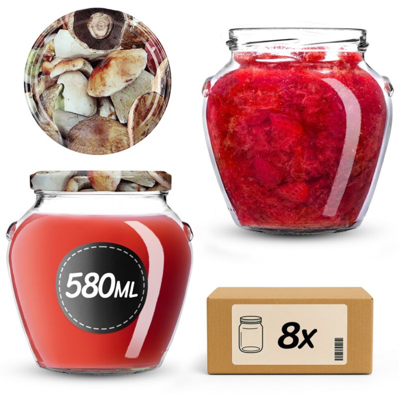 Słoiki na przetwory KADAX 580ml + wieczka "Grzyby" 82mm 8szt.