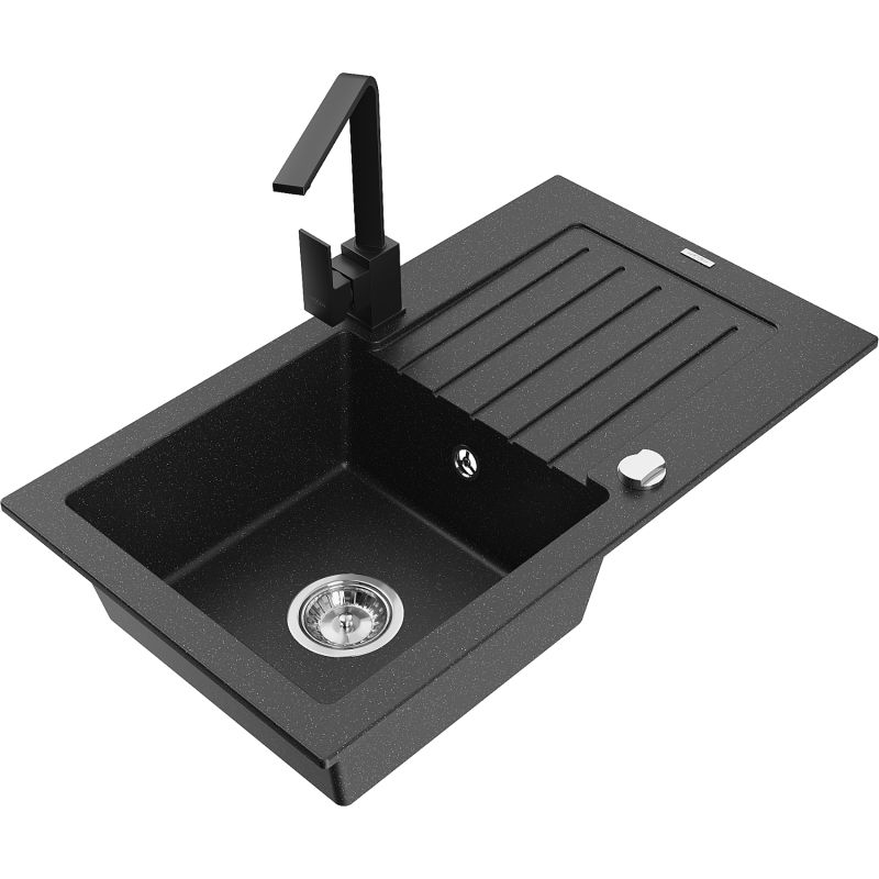 Zlewozmywak granitowy 1-komorowy Mexen Pablo z ociekaczem i baterią Rita czarny/srebrny metalik - 6510-73-670300-50 1 szt.