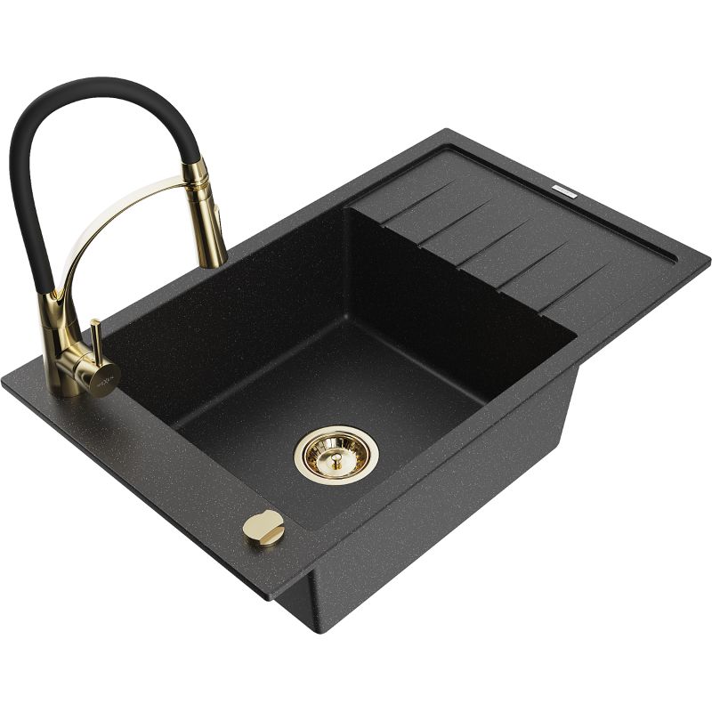 Zlewozmywak granitowy 1-komorowy Mexen Elias z ociekaczem i baterią kuchenną Aster czarny/srebrny metalik 6511-73-73450-57-G