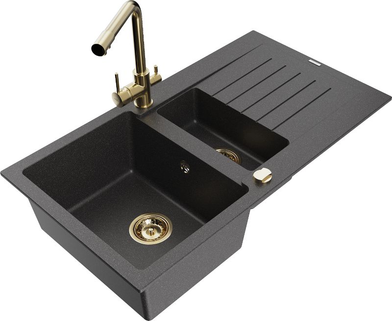 Zlewozmywak granitowy Mexen Matias 1,5-komorowy z ociekaczem i baterią kuchenną Duero czarny 6502-76-671600-50