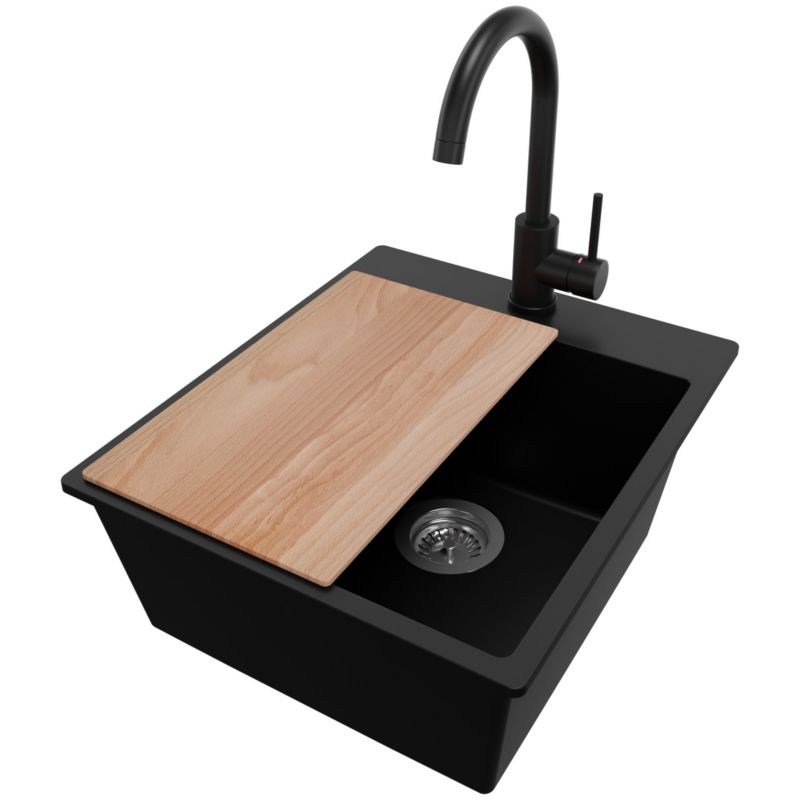 Zlewozmywak Granitowy Ryga PRIMAGRAN Nablatowy 43x50cm do szafki od 45cm z Syfonem i Baterią i Dodatkiem Czarny 1 szt.