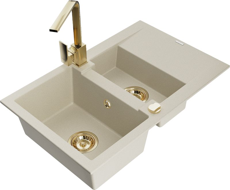 Zlewozmywak granitowy Mexen Gaspar 1,5-komorowy z ociekaczem i baterią kuchenną Rita biały - 6507-20-670300-50 1 szt.