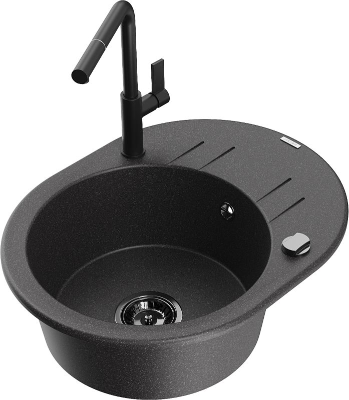 Zlewozmywak granitowy Mexen Kevin 1-komorowy z ociekaczem i baterią kuchenną Flora czarny 6517-76-670401-70-B