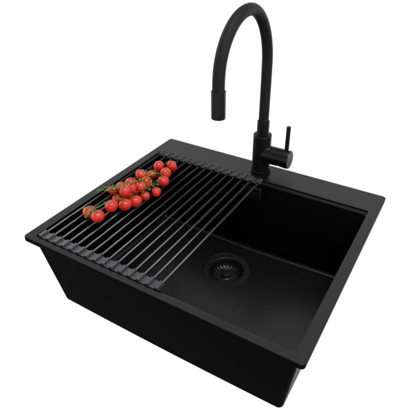 Zlewozmywak Granitowy Oslo PRIMAGRAN Nablatowy 58x50cm do szafki od 60cm z Syfonem i Baterią i Dodatkiem Cały Czarny 1 szt.