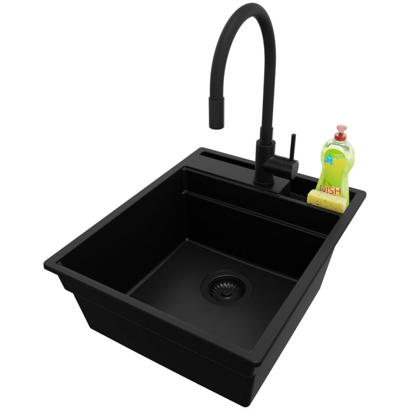 Zlewozmywak Granitowy Oslo Pocket PRIMAGRAN Nablatowy 43x53cm do szafki od 45cm z Syfonem i Baterią Cały Czarny 1 szt.