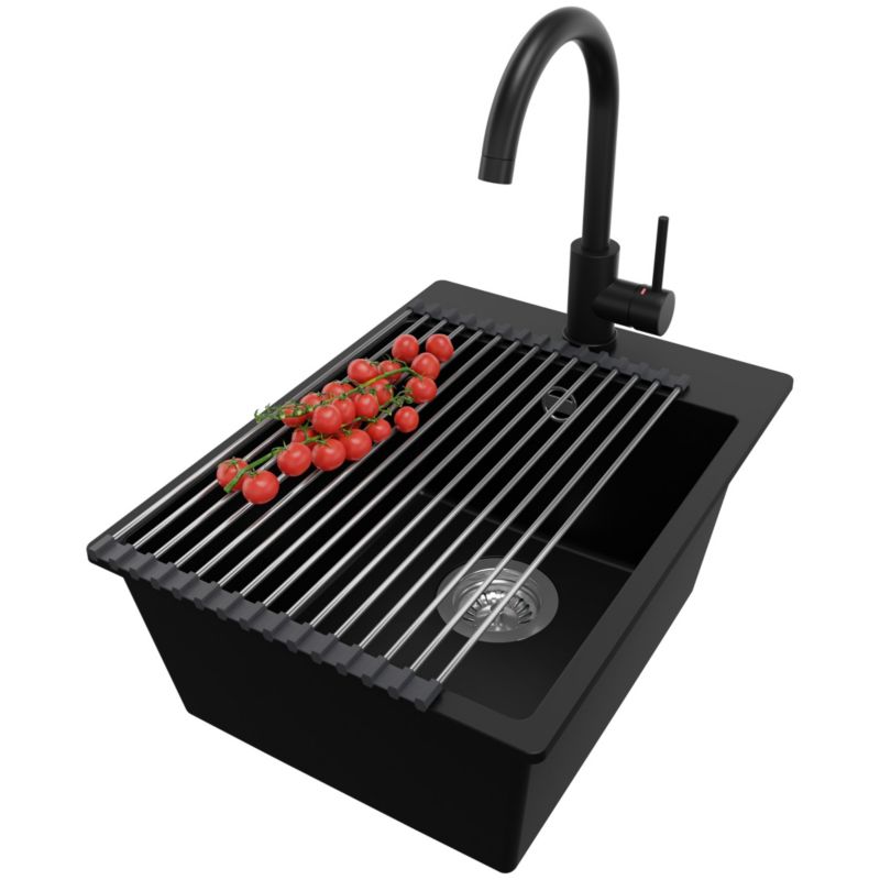 Zlewozmywak Granitowy Ryga PRIMAGRAN Nablatowy 38x50cm do szafki od 40cm z Syfonem i Baterią i Dodatkiem Czarny 1 szt.