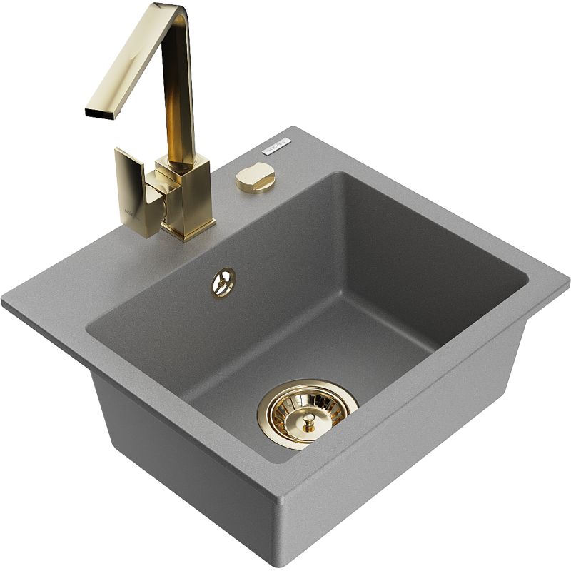 Zlewozmywak granitowy 1-komorowy Mexen Milo z baterią kuchenną Rita szary 6505-71-670300-50