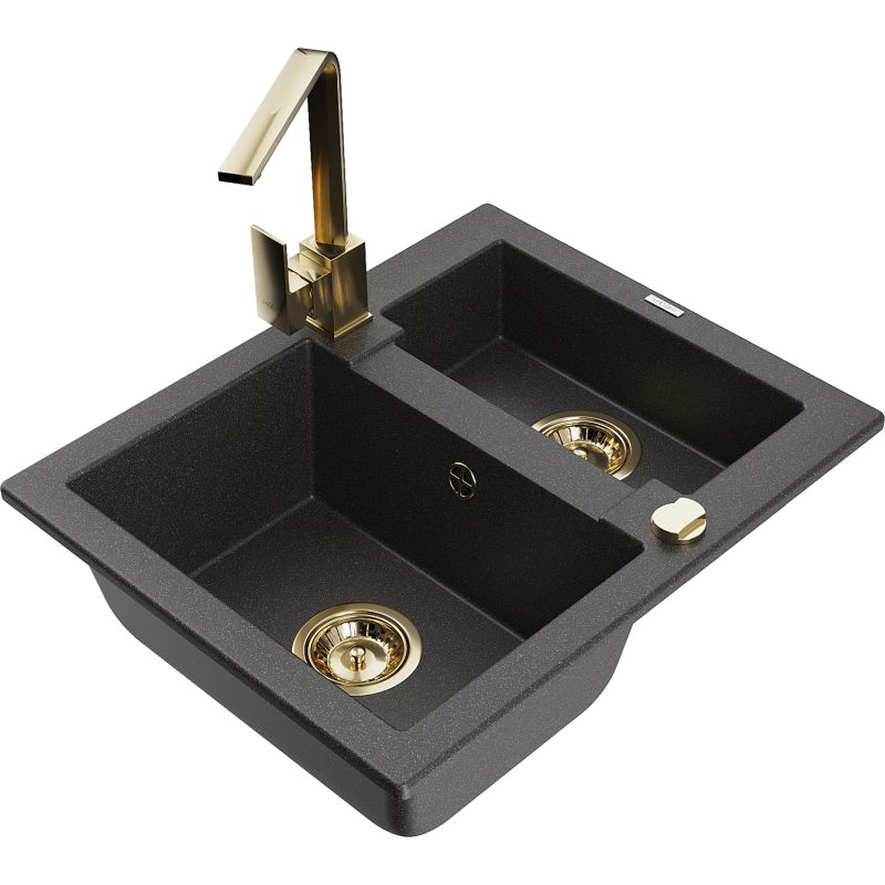 Zlewozmywak granitowy 1.5-komorowy Mexen Carlos z baterią kuchenną Rita czarny nakrapiany 6518-76-670300-50