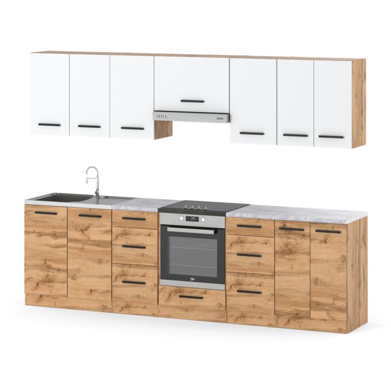 Zestaw Kuchenny Hurtownia-Mebli Z Blatem Kuchnia Roma 280cm Dąb Wotan Biały Mat/Dąb Wotan 280x47x145 cm 1szt.