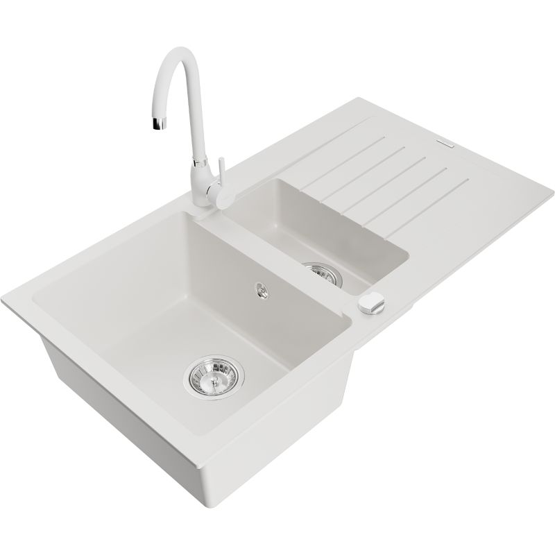 Zlewozmywak granitowy 1.5-komorowy Mexen Matias z ociekaczem i baterią kuchenną Telma biały 6502-20-670200-20