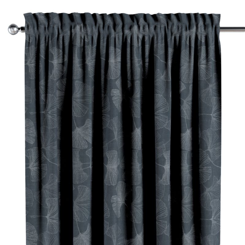 Zasłona na kanale z grzywką 1 szt. 130 x 260 cm Dekoria szaro-srebrne liście miłorzębu na grafitowym tle 1 szt.