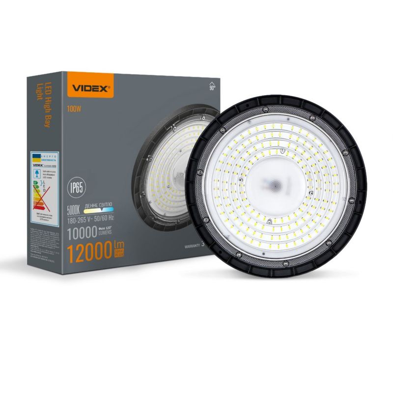 Lampa High Bay przemysłowa Ufo Videx High Bay czarna LED 100W 5000K 12000lm hermetyczna IP65 wym: 8,6 x 26,3 x 26,3 cm - 1 szt.