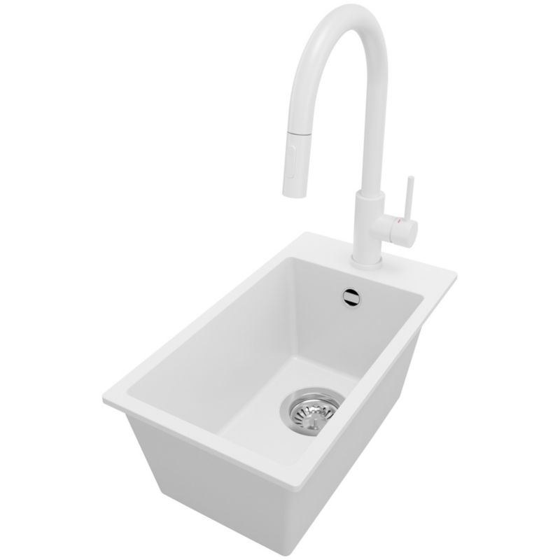 Zlewozmywak Granitowy Ryga PRIMAGRAN Nablatowy 28x50cm do szafki od 30cm, Biały + Bateria 40x20cm + Syfon, S021, 1 szt.