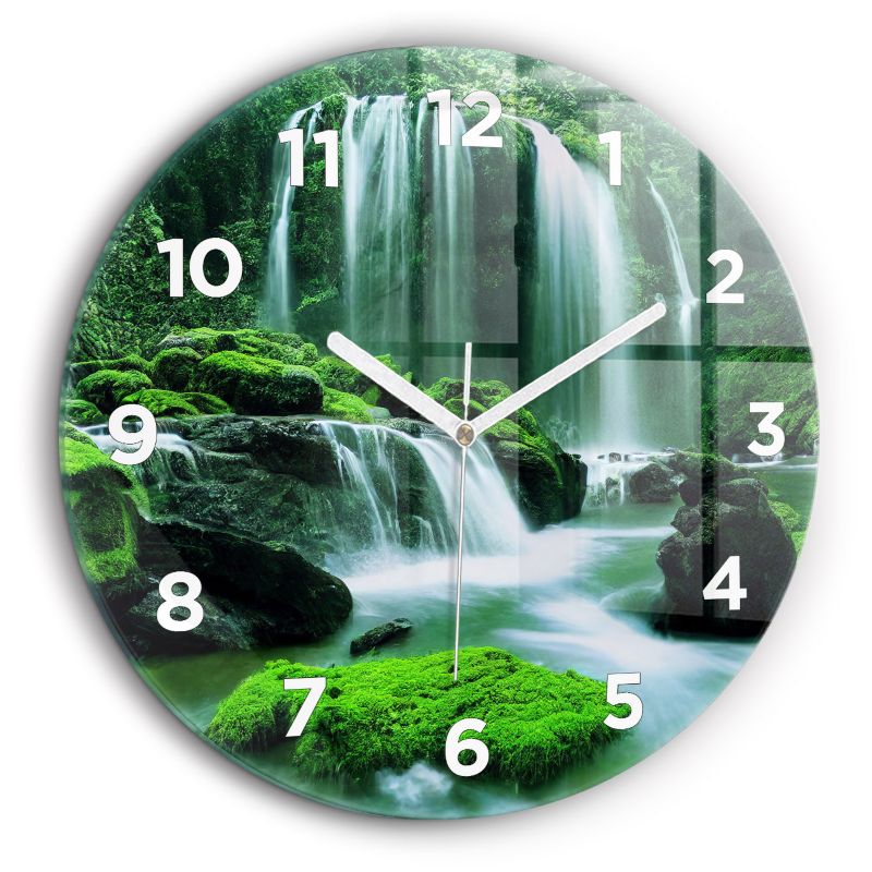 Zegar z białymi wskazówkami Wallfluent fi60 cm Wodospad wśród mchu Szklany 1 szt.