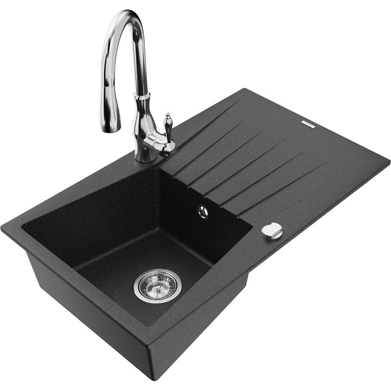 Zlewozmywak granitowy 1-komorowy Mexen Cesar z ociekaczem i baterią Savita czarny/srebrny metalik - 6514-73-672601-70 1 szt.