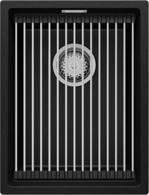 Zlewozmywak Praga Slim PRIMAGRAN Nablatowy 36x47cm do szafki od 40cm, Czarny Metalik + Syfon + Zwijany ociekacz, S056, 1 szt.