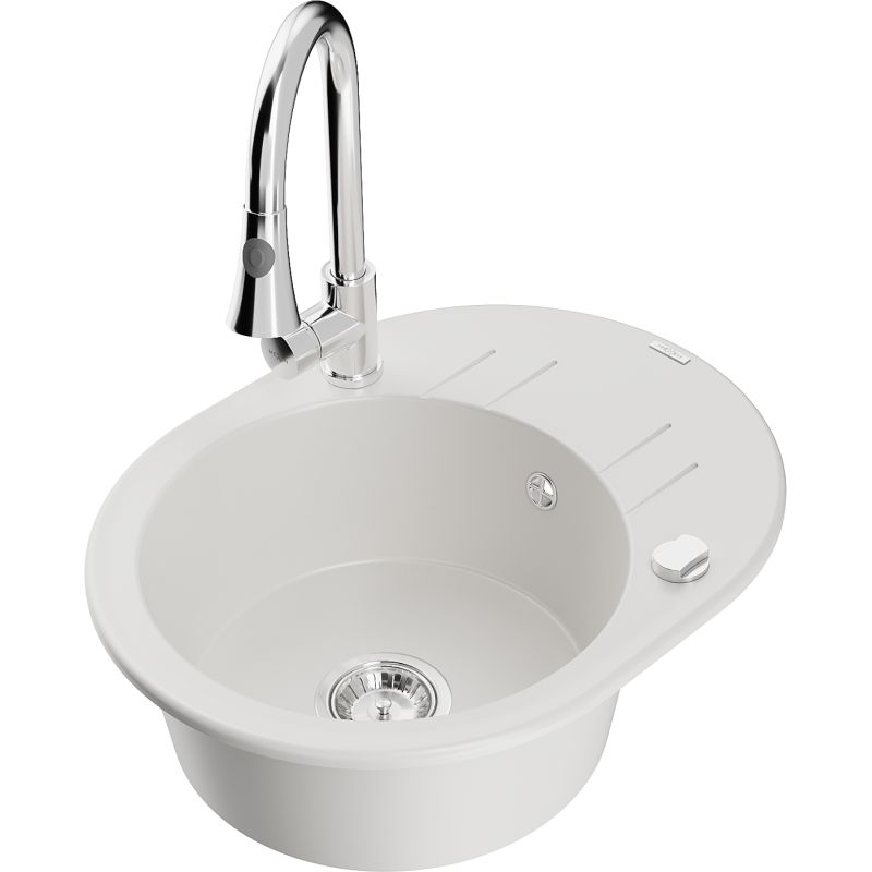 Zlewozmywak granitowy 1-komorowy Mexen Kevin z ociekaczem i baterią kuchenną Elia biały 6517-20-670101-00