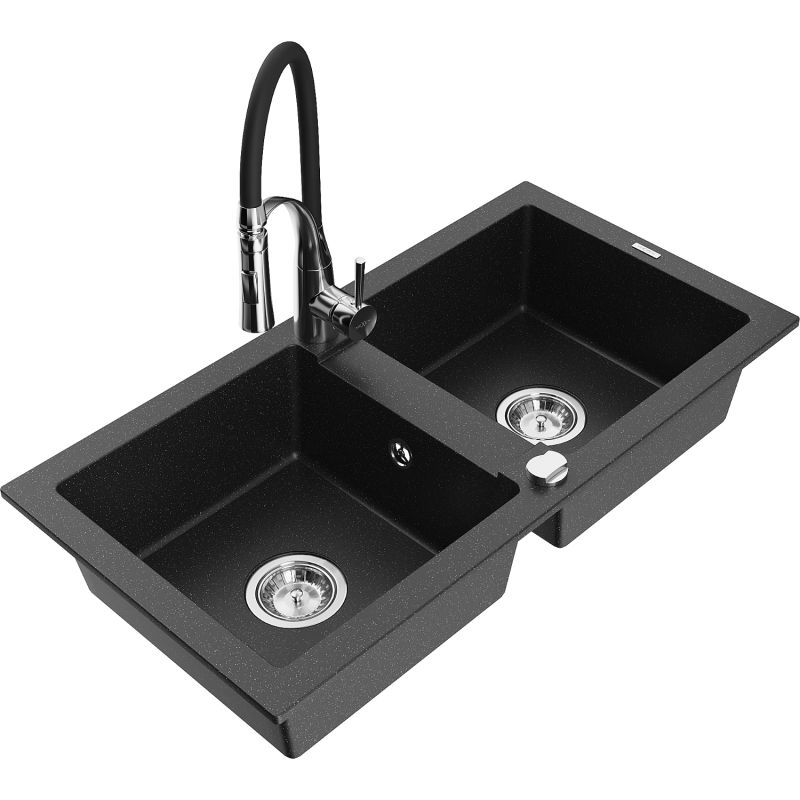 Zlewozmywak granitowy 2-komorowy Mexen Mario z baterią kuchenną Aster czarny/srebrny metalik 6504-73-73450-07