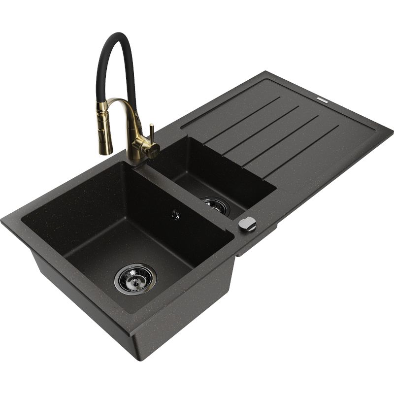 Zlewozmywak granitowy 1.5-komorowy Mexen Andres z ociekaczem i baterią kuchenną Aster czarny/złoty metalik 6515-75-73450-57-B