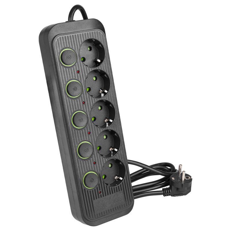 Przedłużacz MasterLED Modi 2m 5x230V Schuko ochrona przeciwprzepięciowa włączniki czarny 1 szt.