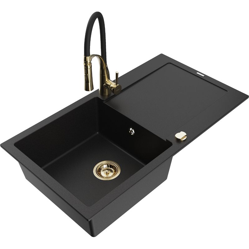 Zlewozmywak granitowy 1-komorowy Mexen Leo z ociekaczem i baterią kuchenną Aster czarny 6501-77-73450-57-G