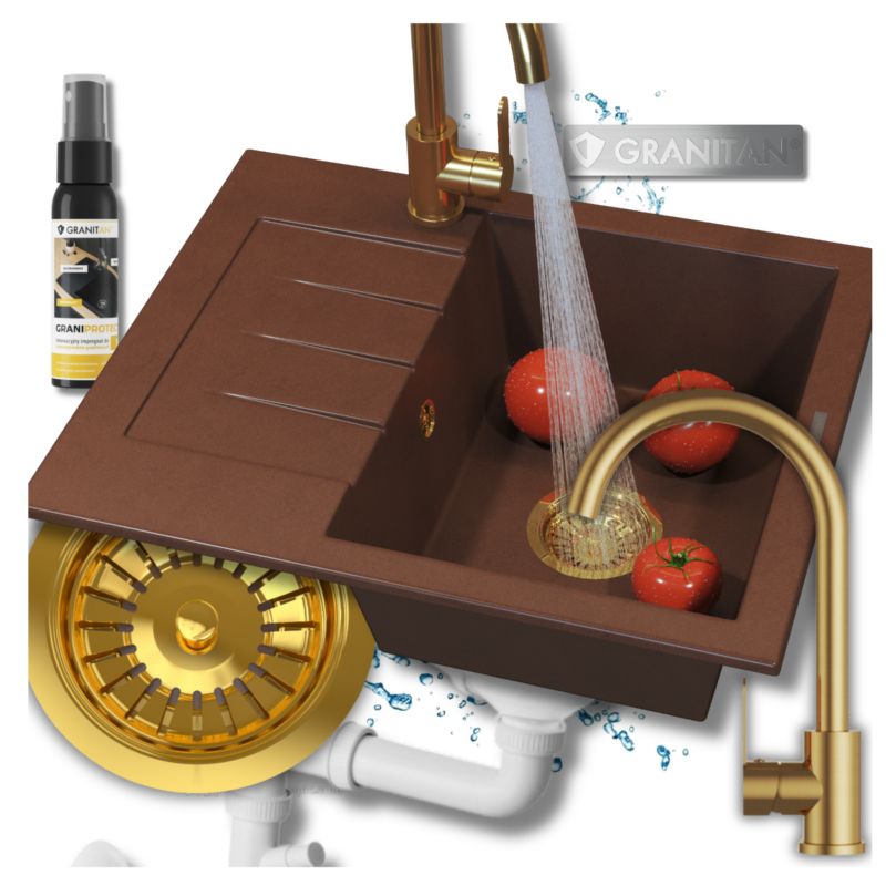 Zlew granitowy brązowy jednokomorowy Granitan milano Zestaw zlewozmywak bateria syfon 1 kpl.