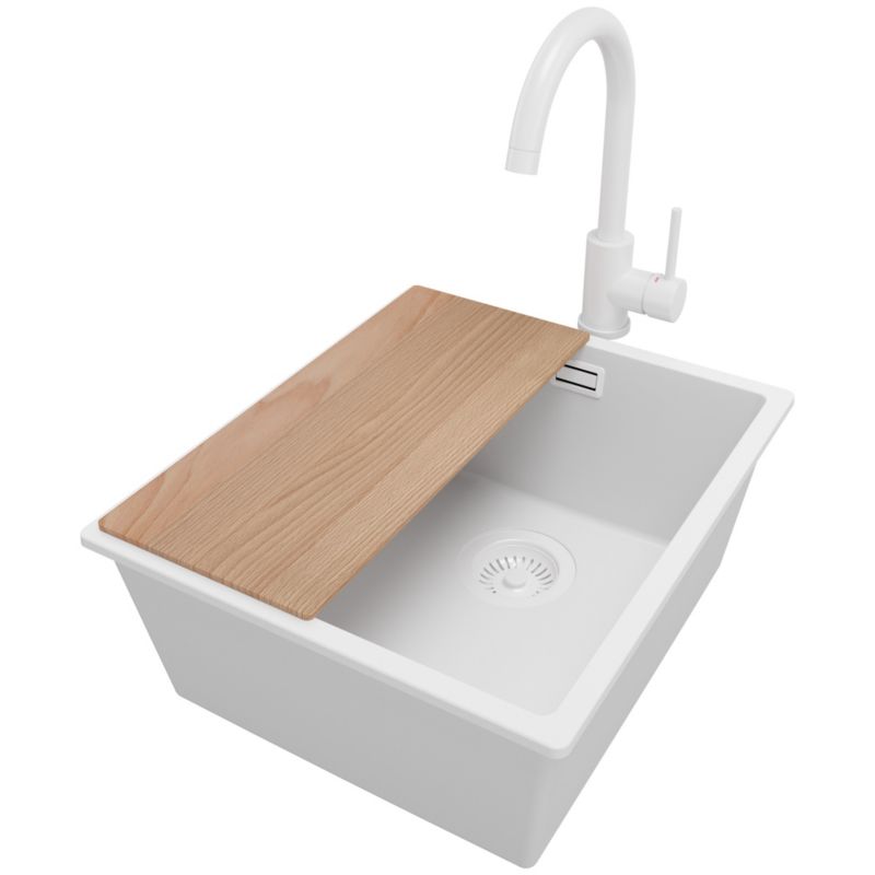 Zlewozmywak Granitowy Londyn Slim PRIMAGRAN Nablatowy 41x47cm do szafki od 45cm z Syfonem i Baterią i Dodatkiem Cały Biały 1 szt.