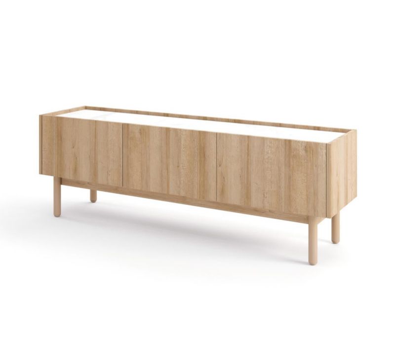 Szafka rtv trzydrzwiowa Bettso Boho 144 cm na drewnianych nogach dąb riviera marmur bianco 1szt.