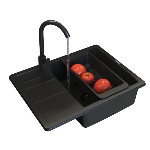 Zlewozmywak Granitowy Jednokomorowy Z Ociekaczem Paros Czarny Granitan Zestaw Zlew Bateria Koszyk Syfon 1 szt.