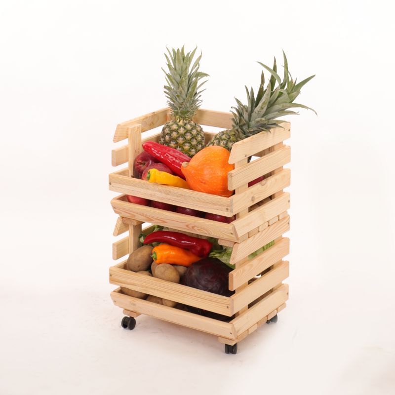 Regał na warzywa i owoce MODO24 na kółkach 55x37x30 cm 2 skrzynki drewno naturalne 1 szt
