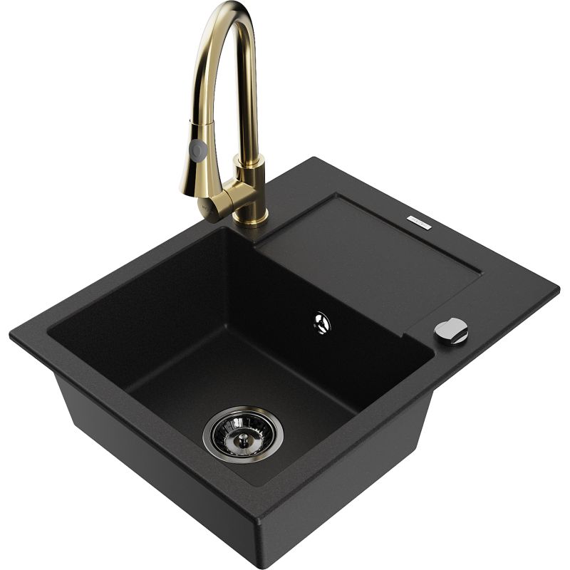 Zlewozmywak granitowy 1-komorowy Mexen Enzo z ociekaczem i baterią kuchenną Elia czarny nakrapiany - 6506-76-670101-76 1 szt.