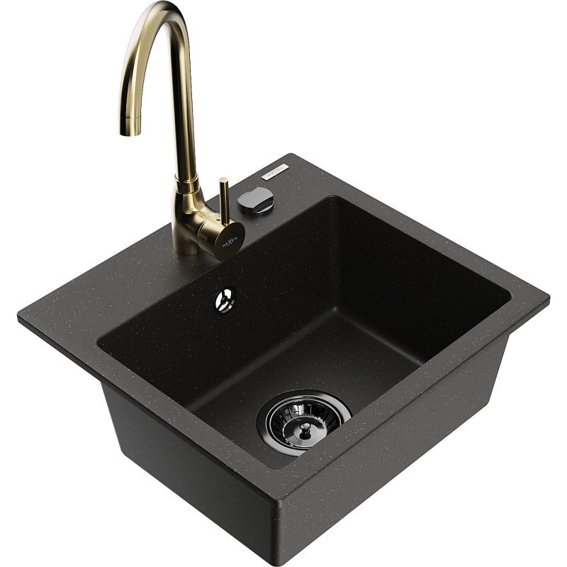 Zlewozmywak granitowy 1-komorowy Mexen Milo z baterią kuchenną Telma czarny/złoty 6505-75-670200-50-B