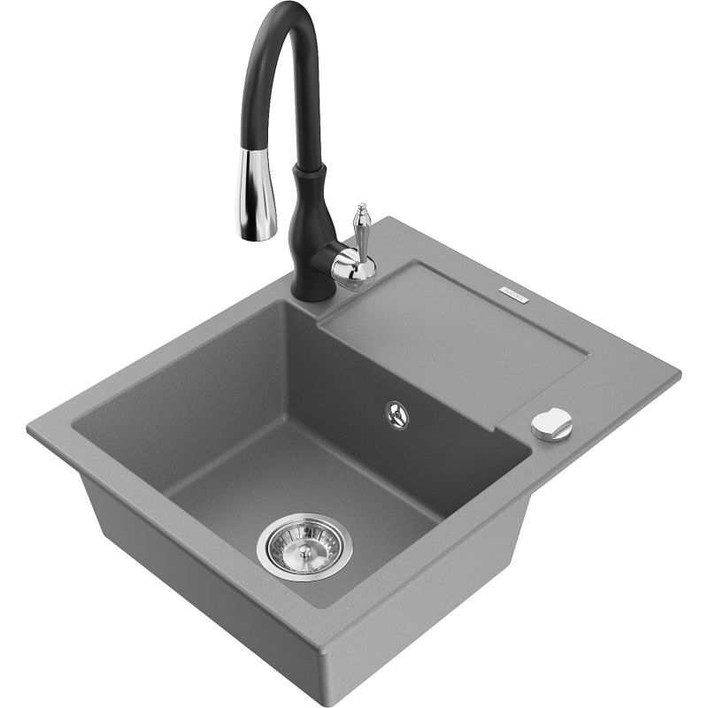 Zlewozmywak granitowy 1-komorowy Mexen Enzo z ociekaczem i baterią kuchenną Savita szary 6506-71-672601-70