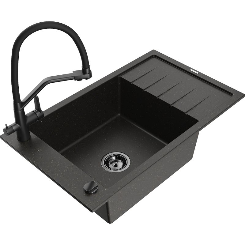 Zlewozmywak granitowy 1-komorowy Mexen Elias z ociekaczem i baterią kuchenną Duo szary - 6511-71-671701-70-B 1 szt.