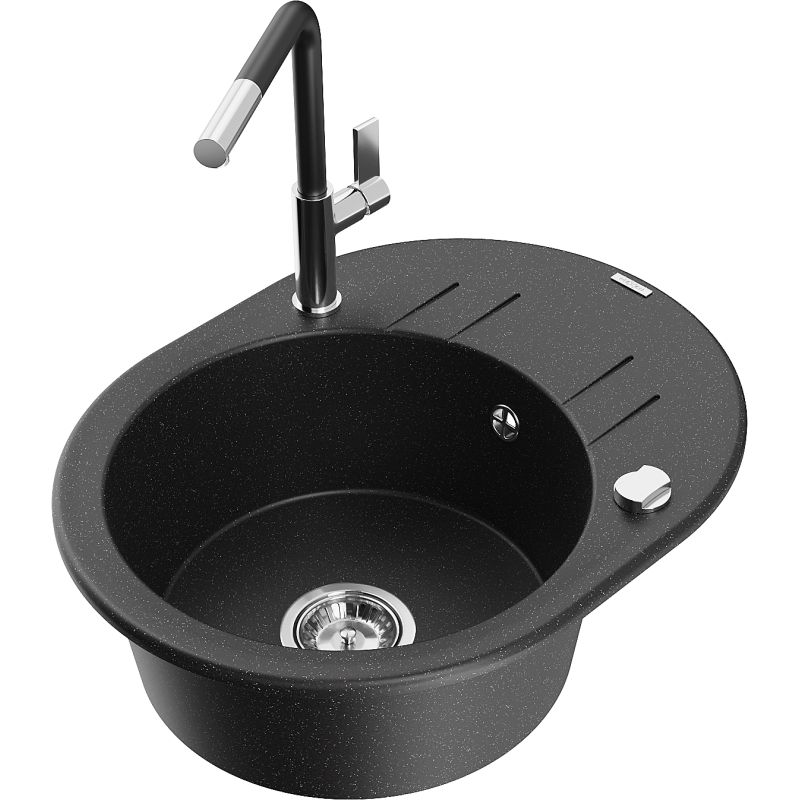 Zlewozmywak granitowy 1-komorowy Mexen Kevin z ociekaczem i baterią Flora czarny/srebrny metalik - 6517-73-670401-07-B 1 szt.