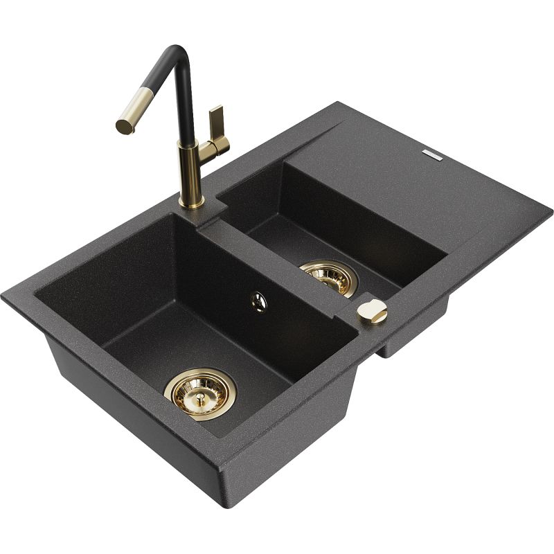 Zlewozmywak granitowy 1.5-komorowy Mexen Gaspar z ociekaczem i baterią Flora czarny nakrapiany - 6507-76-670401-00 1 szt.