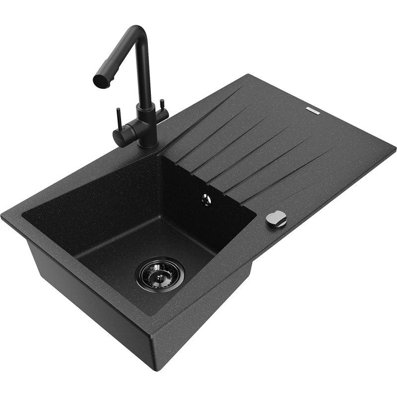 Zlewozmywak granitowy 1-komorowy Mexen Cesar z ociekaczem i baterią kuchenną Duero czarny/srebrny metalik 6514-73-671600-70-B