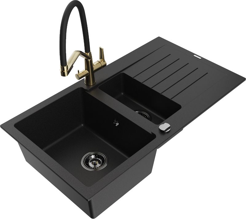 Zlewozmywak granitowy Mexen Matias 1,5-komorowy z ociekaczem i baterią kuchenną Duo czarny - 6502-77-671701-57-G 1 szt.