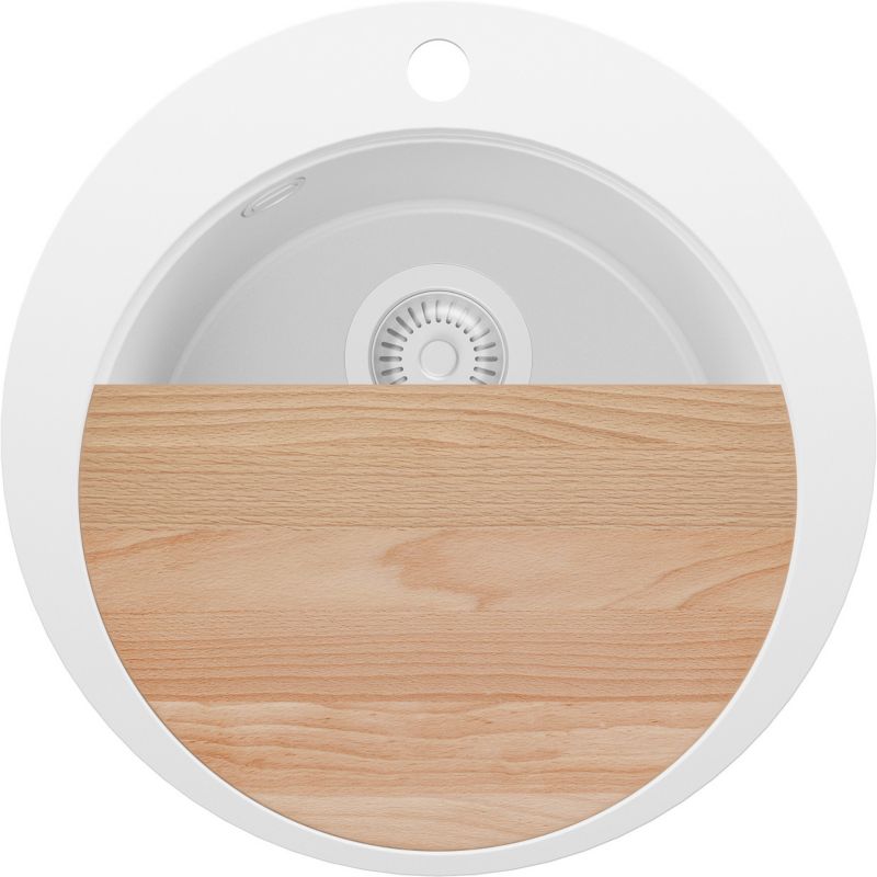 Zlewozmywak Okrągły Piza PRIMAGRAN Nablatowy 50x50cm do szafki od 45cm, Cały Biały + Syfon + Deska, S033, 1 szt.