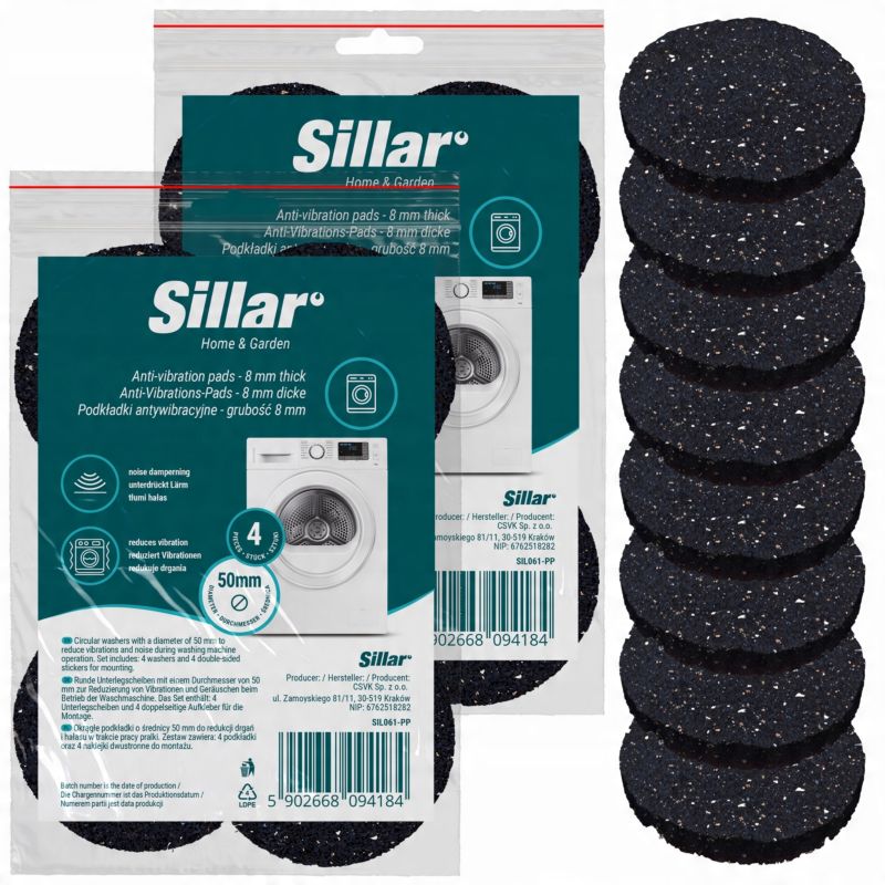 Podkładki antywibracyjne, Sillar, ochronne, pod pralkę, suszarkę, sprzęt AGD, gumowe, 8szt