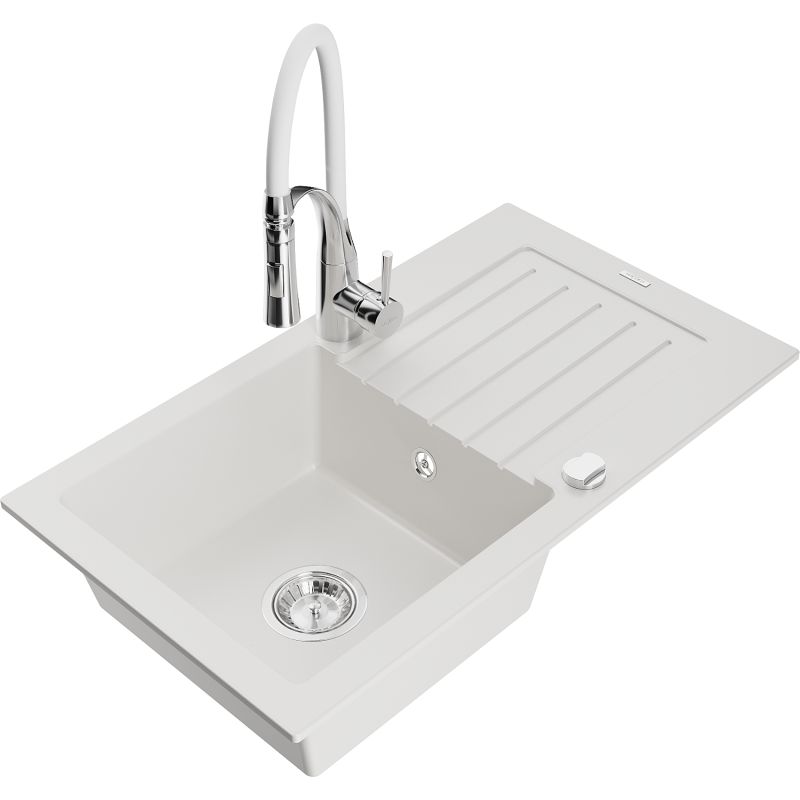 Zlewozmywak granitowy 1-komorowy Mexen Pablo z ociekaczem i baterią kuchenną Aster biały 6510-20-73450-02