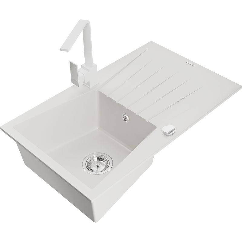 Zlewozmywak granitowy 1-komorowy Mexen Cesar z ociekaczem i baterią kuchenną Rita biały 6514-20-670300-20