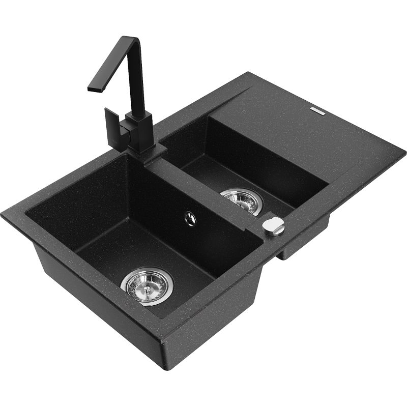 Zlewozmywak granitowy 1.5-komorowy Mexen Gaspar z ociekaczem i baterią Rita czarny/srebrny metalik - 6507-73-670300-50 1 szt.