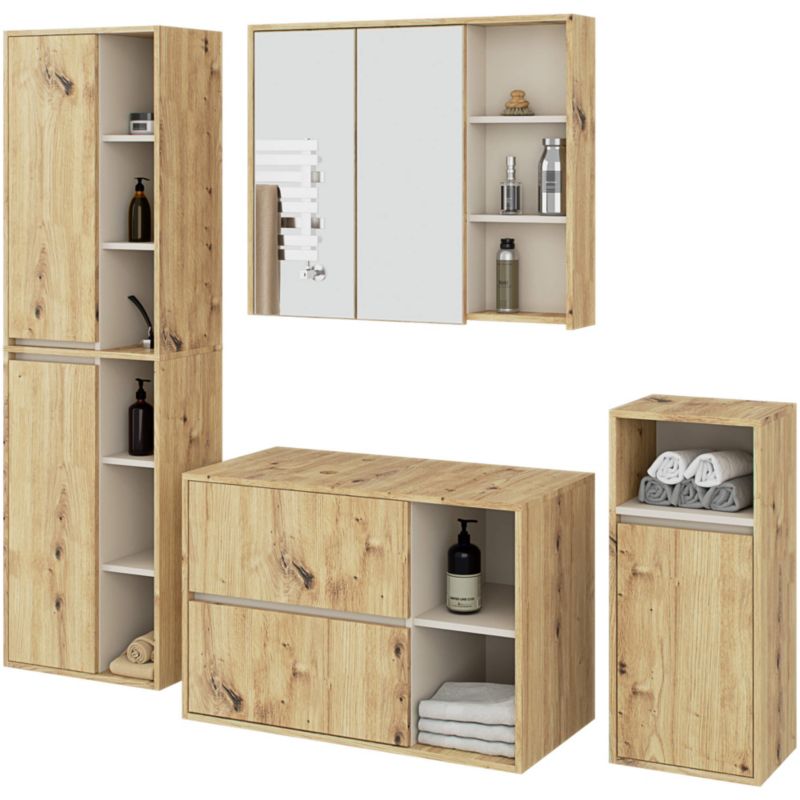 Zestaw mebli łazienkowych wiszących z otworami AKORD VAMI Dąb Artisan, Kaszmir 5 drzwi 21 półek 2 szuflady 1 szt.