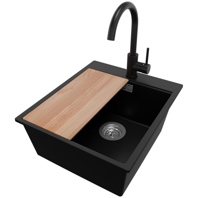 Zlewozmywak Granitowy Oslo PRIMAGRAN Nablatowy 43x50cm do szafki od 45cm, Czarny + Bateria 32x20cm + Syfon + Deska, S193, 1 szt.