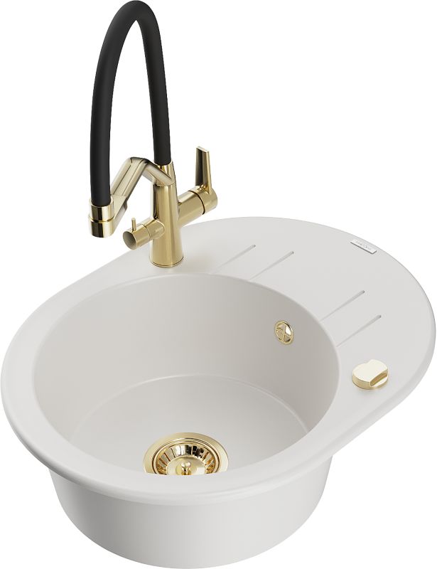 Zlewozmywak granitowy Mexen Kevin 1-komorowy z baterią kuchenną Duo biały 6517-20-671701-57-G