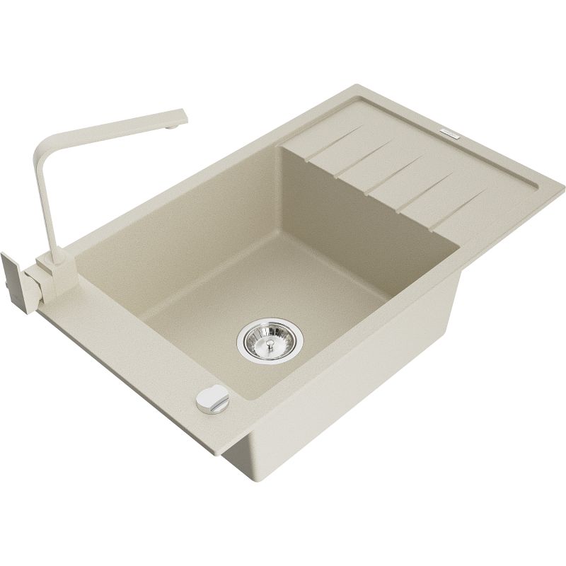Zlewozmywak granitowy 1-komorowy Mexen Elias z ociekaczem i baterią kuchenną Rita beżowy - 6511-69-670300-50 1 szt.