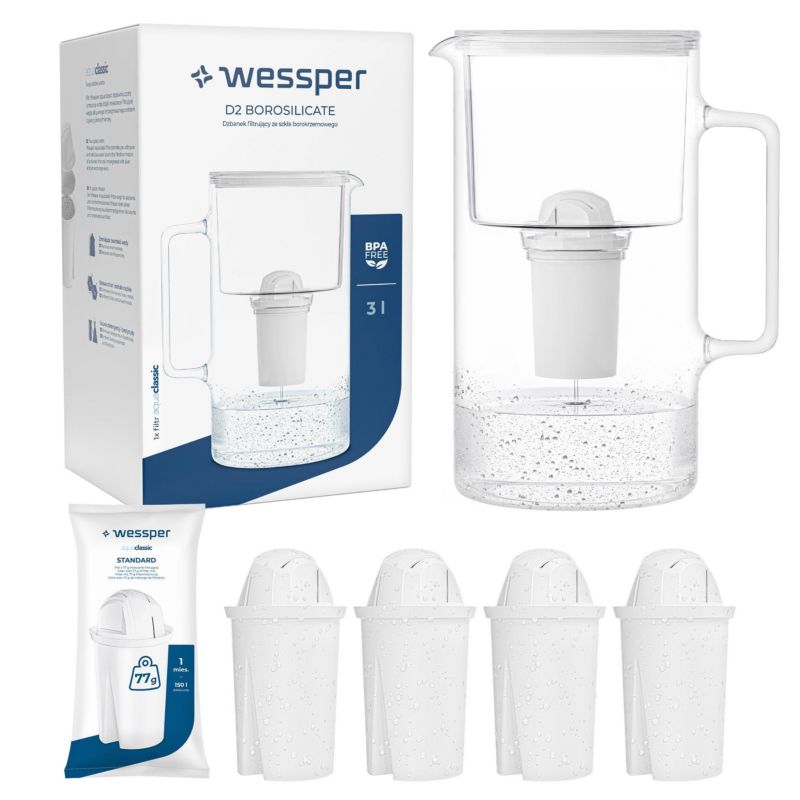 Dzbanek filtrujący wodę 3l, Wessper, szklany, biały + 5x Filtr Wessper AquaClassic, 6 szt.