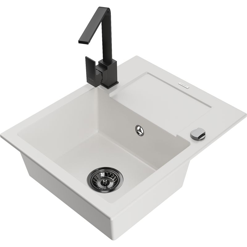 Zlewozmywak granitowy 1-komorowy Mexen Enzo z ociekaczem i baterią kuchenną Rita biały - 6506-20-670300-50 1 szt.